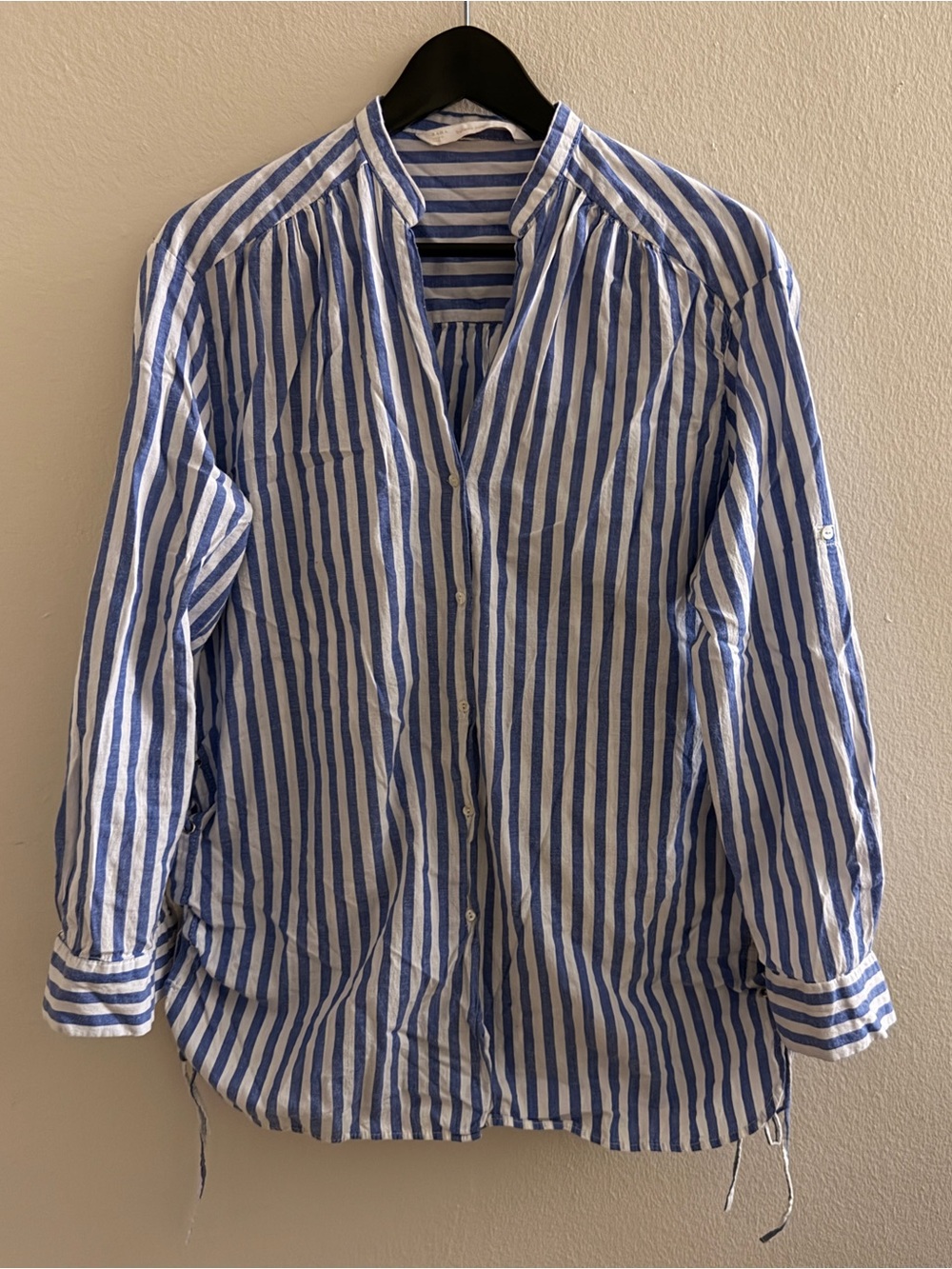 Zara Blue and White Vertical Stripe Button-Up Top